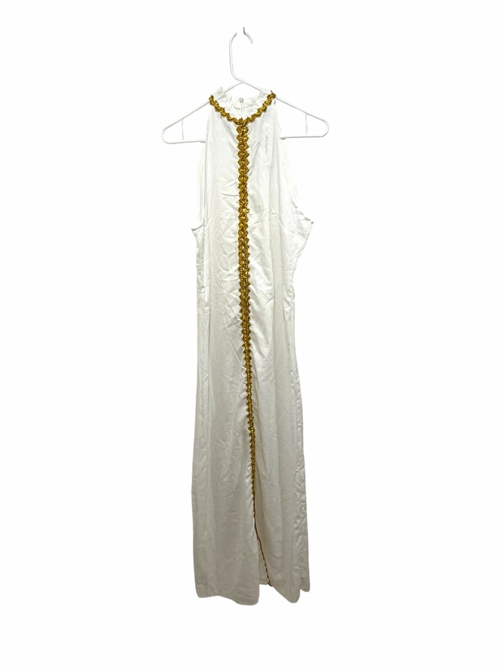 White Maxi Open Front Cover Up Dress with Gold Trim